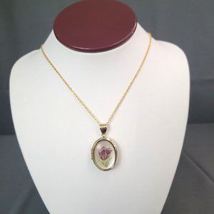 Women's Fashion Jewelry Gold Tone Necklace Flower Design Locket Pendant 19"